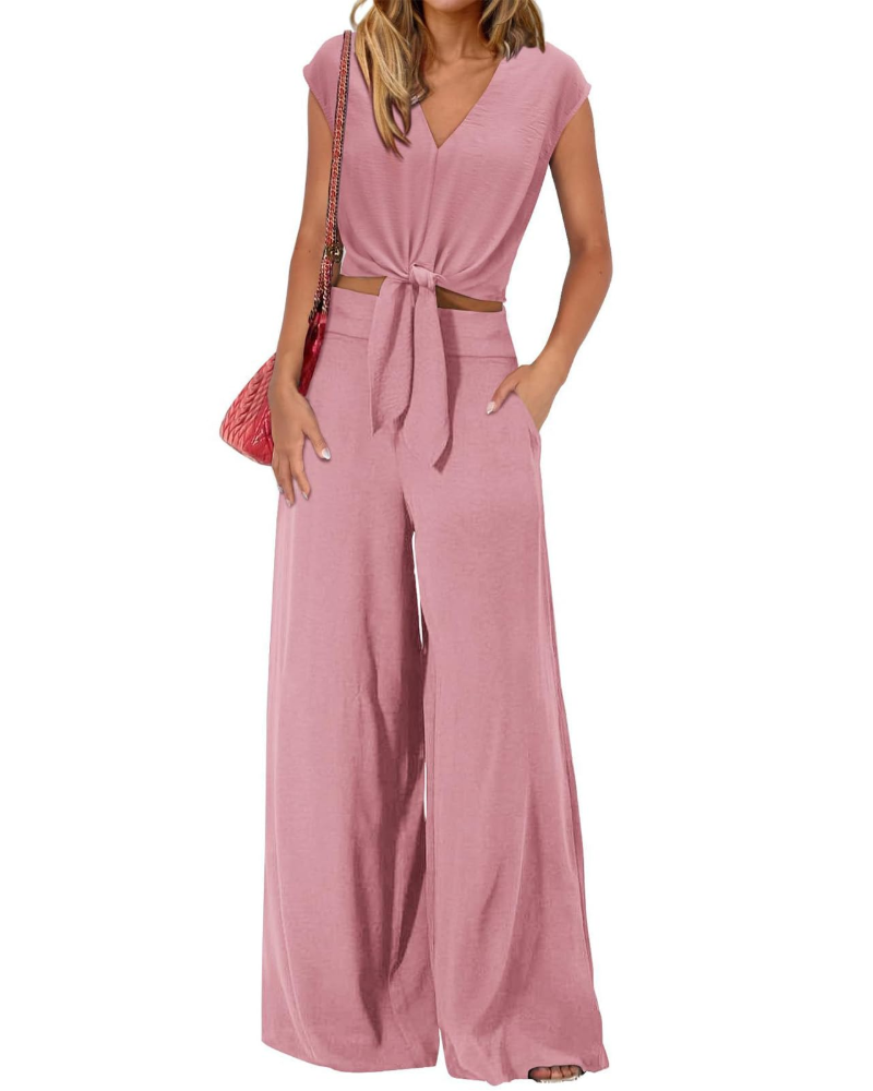 Sienna Damen Sommerensemble – V-Ausschnitt mit Schleife & Weite Hose