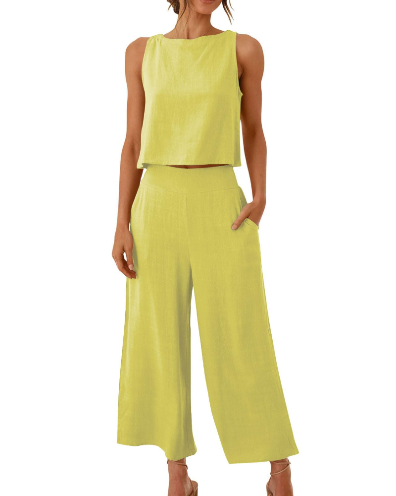Sophia Ensemble Femme Lin 2 Pièces – T-Shirt & Pantalon Large Confort Été