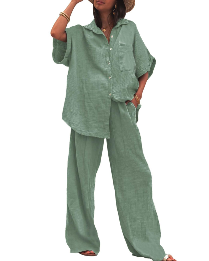 Ava Ensemble Femme Été – Chemise Boutonnée & Pantalon Large Taille Haute