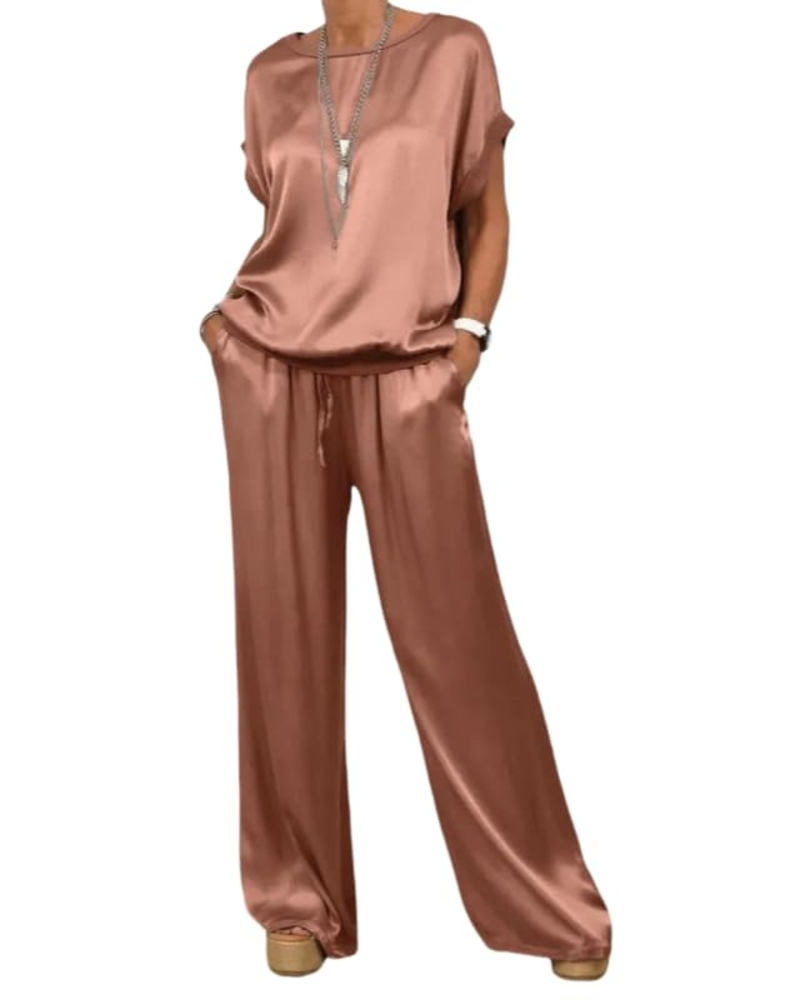 Olivia Ensemble Femme Satin – Top Col Rond & Pantalon Large Taille Élastique