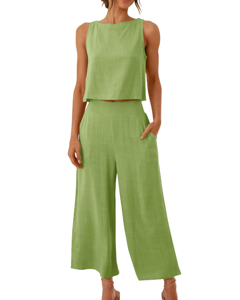 Sophia Ensemble Femme Lin 2 Pièces – T-Shirt & Pantalon Large Confort Été