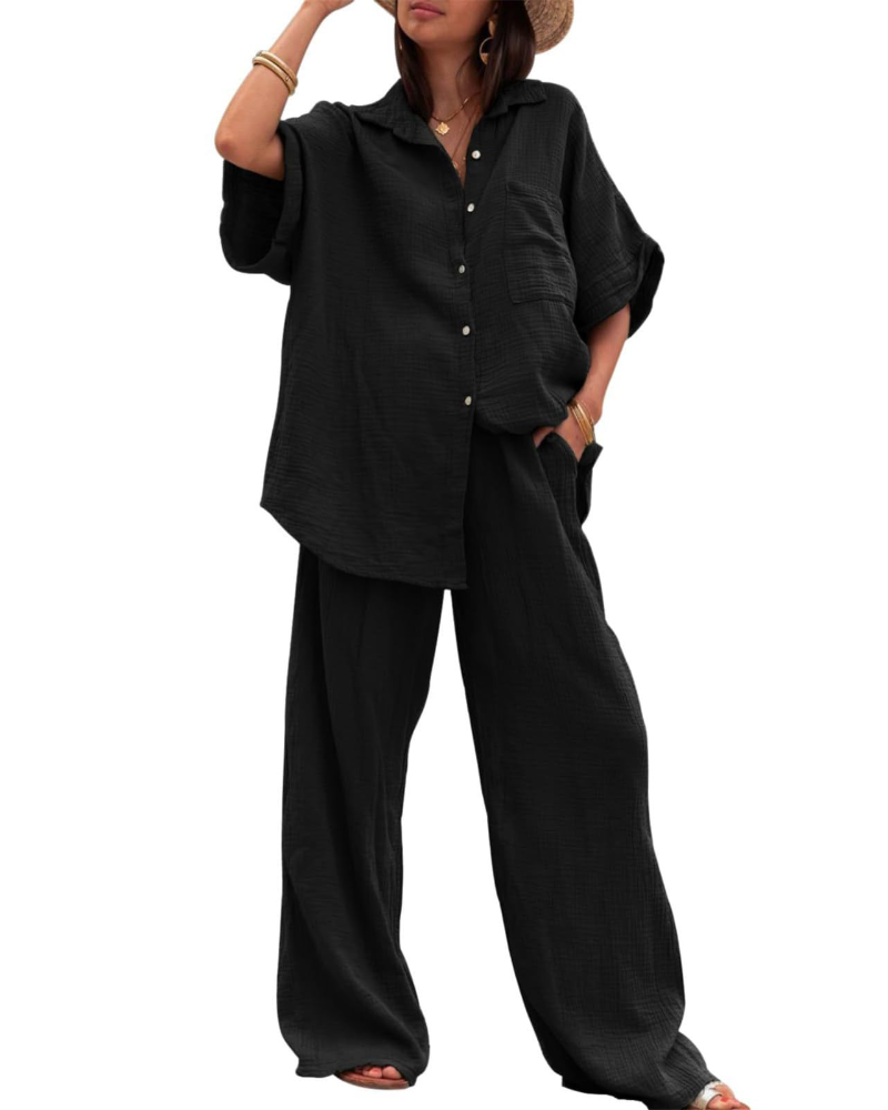 Ava Ensemble Femme Été – Chemise Boutonnée & Pantalon Large Taille Haute