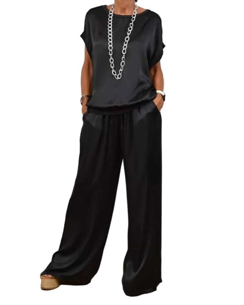 Olivia Ensemble Femme Satin – Top Col Rond & Pantalon Large Taille Élastique