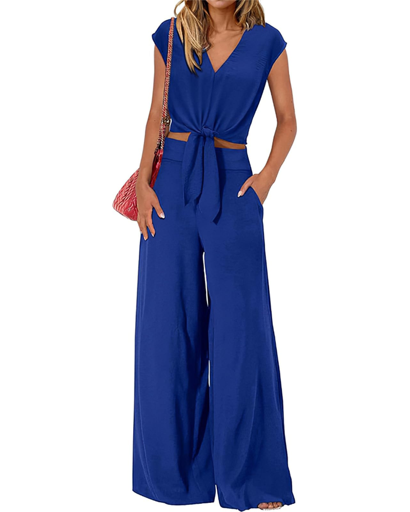 Sienna Damen Sommerensemble – V-Ausschnitt mit Schleife & Weite Hose