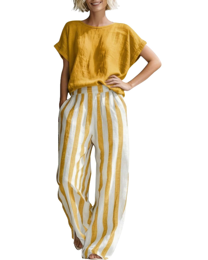 Sophia Ensemble Femme en Lin – Set 2 Pièces Élégant avec Haut & Pantalon Rayé d’Été