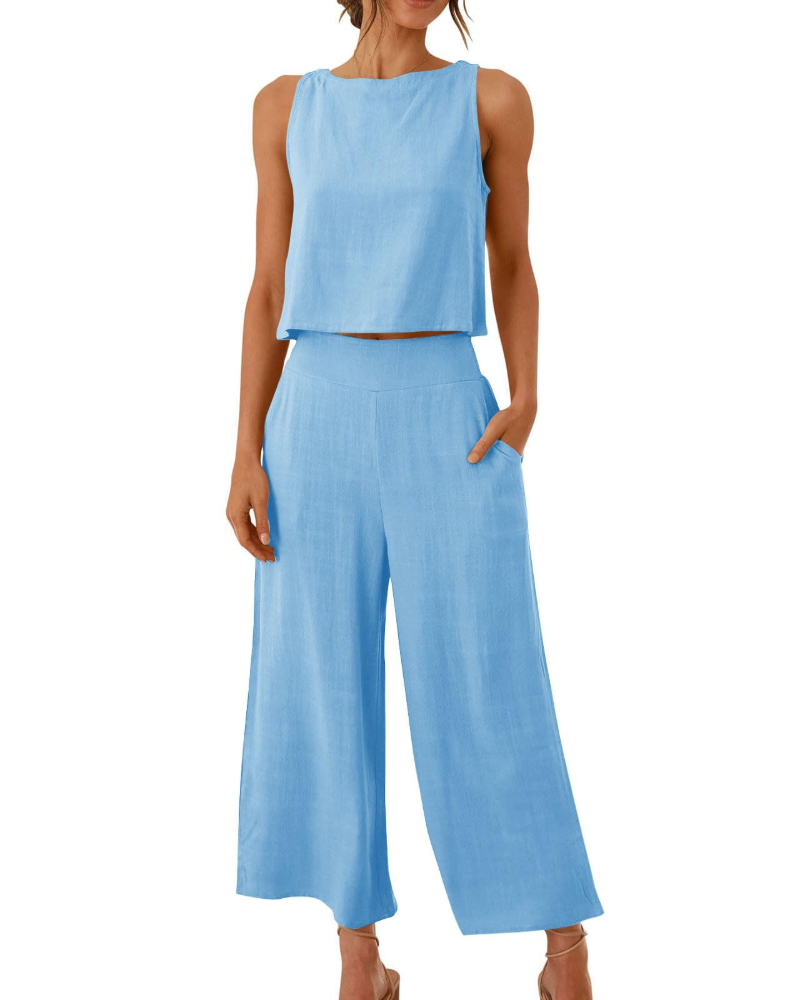 Sophia Ensemble Femme Lin 2 Pièces – T-Shirt & Pantalon Large Confort Été