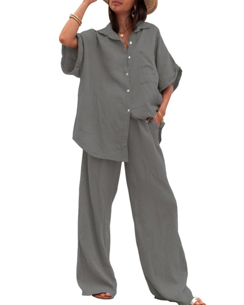 Ava Ensemble Femme Été – Chemise Boutonnée & Pantalon Large Taille Haute
