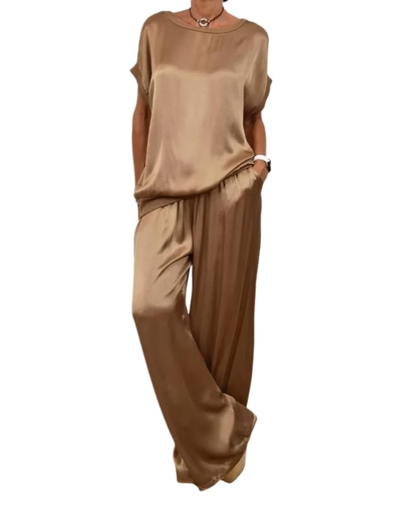 Olivia Ensemble Femme Satin – Top Col Rond & Pantalon Large Taille Élastique