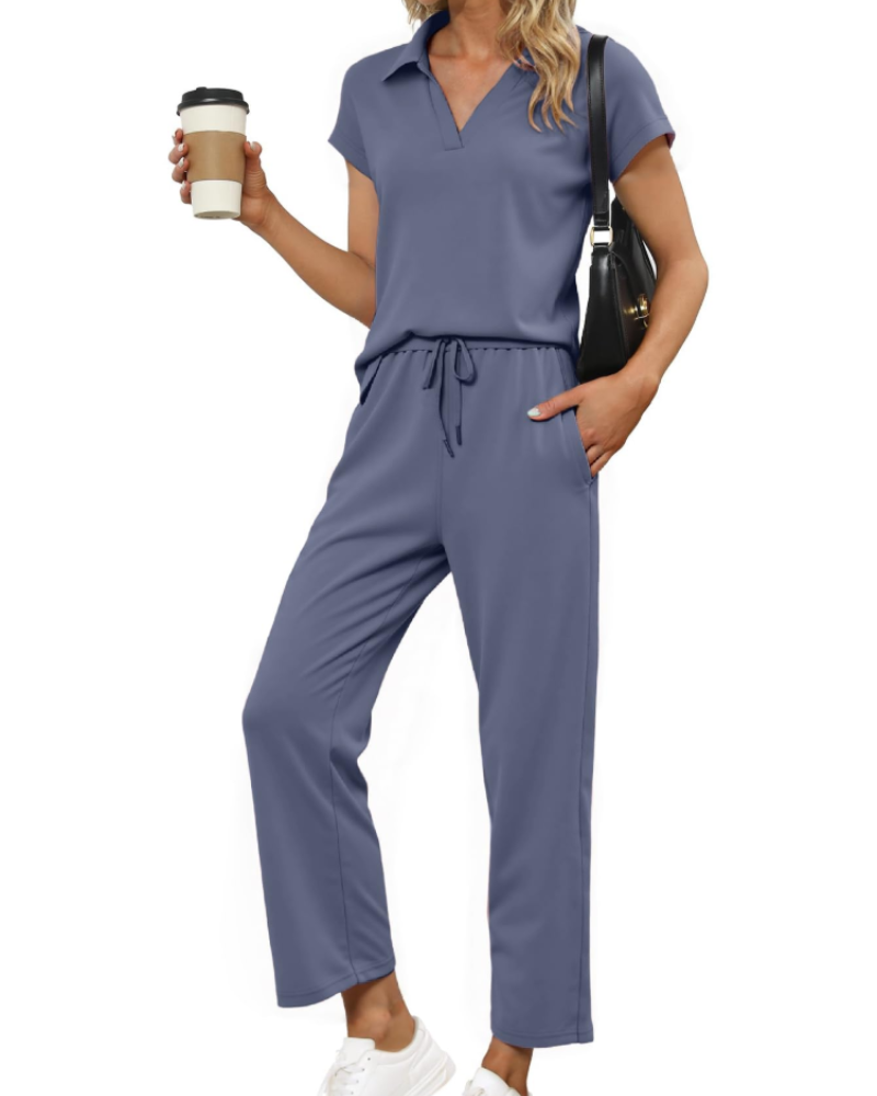 Chloe Ensemble Femme 2 Pièces – Haut Col V & Pantalon Large Confortable pour Voyage