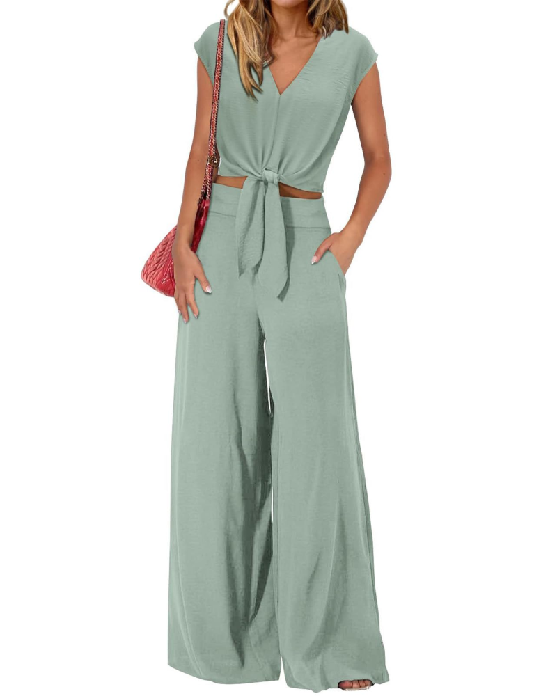 Sienna Damen Sommerensemble – V-Ausschnitt mit Schleife & Weite Hose