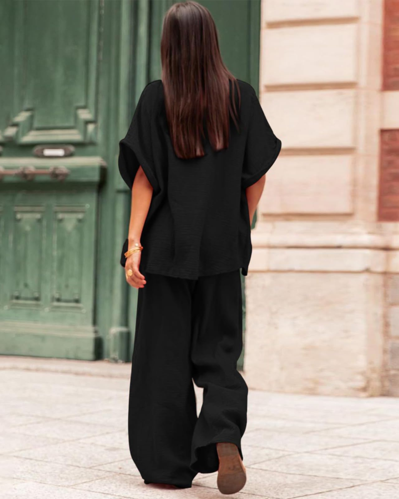 Ava Ensemble Femme Été – Chemise Boutonnée & Pantalon Large Taille Haute