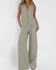 Sofia Ensemble Femme Été – Gilet Col V & Pantalon Large Lin