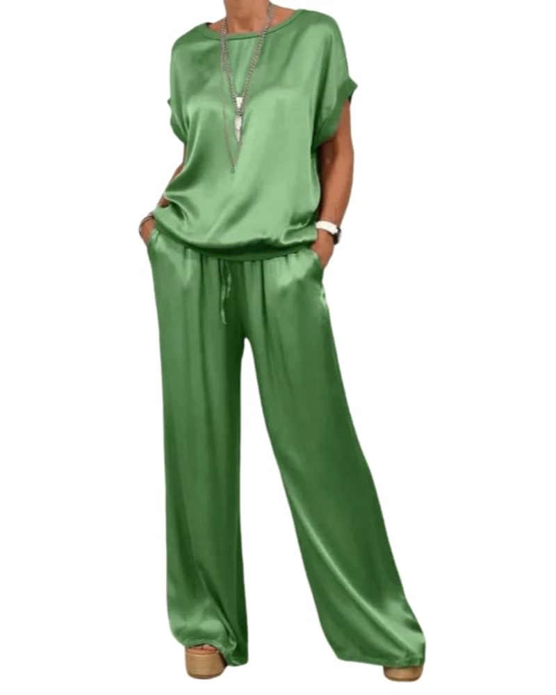 Olivia Ensemble Femme Satin – Top Col Rond & Pantalon Large Taille Élastique