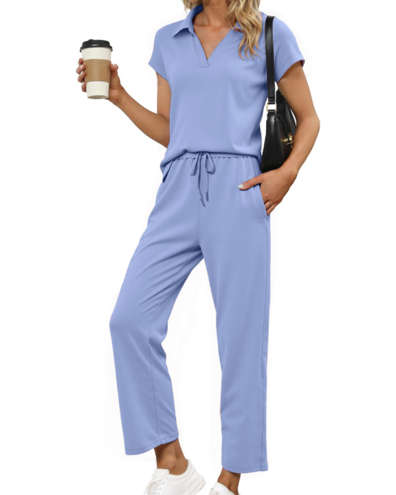 Chloe Ensemble Femme 2 Pièces – Haut Col V & Pantalon Large Confortable pour Voyage