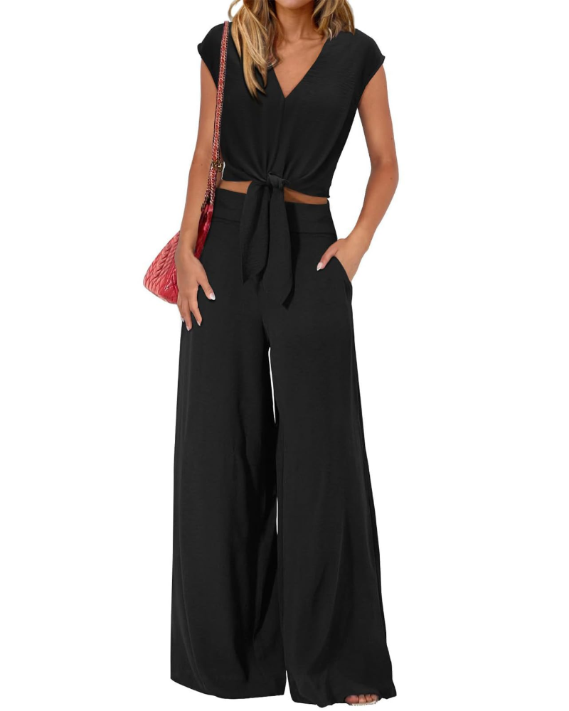 Sienna Damen Sommerensemble – V-Ausschnitt mit Schleife & Weite Hose