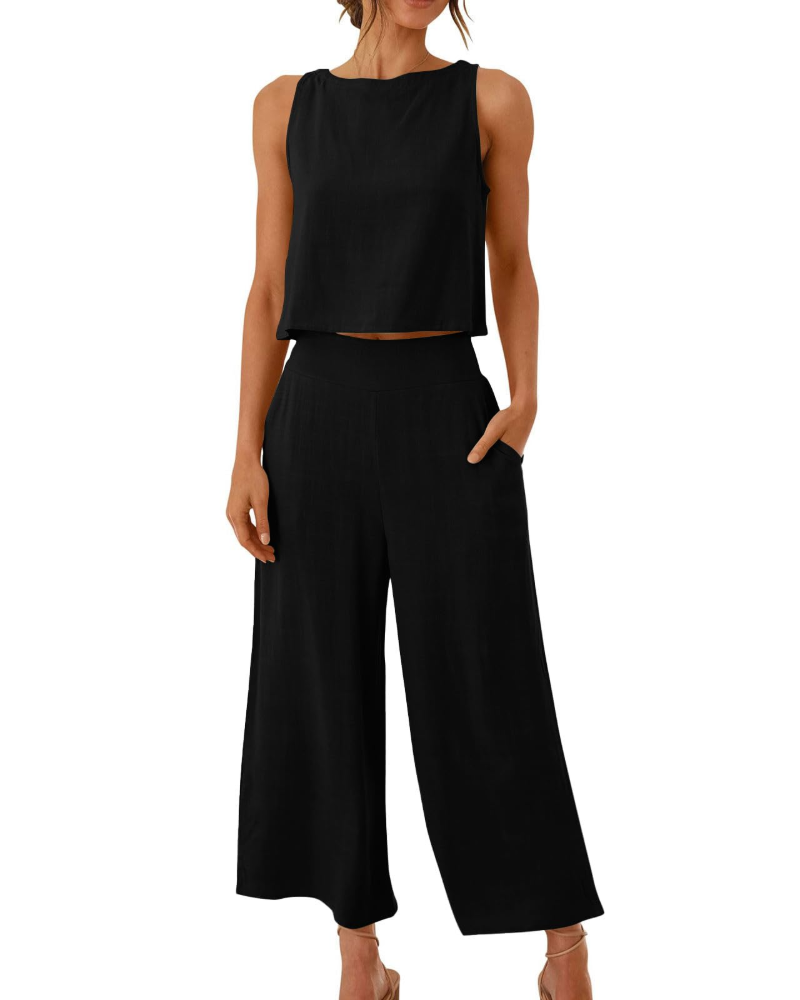 Sophia Ensemble Femme Lin 2 Pièces – T-Shirt & Pantalon Large Confort Été