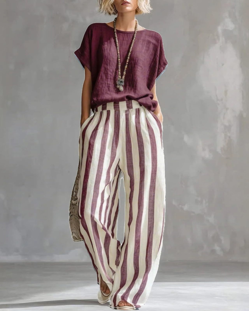 Sophia Ensemble Femme en Lin – Set 2 Pièces Élégant avec Haut & Pantalon Rayé d’Été