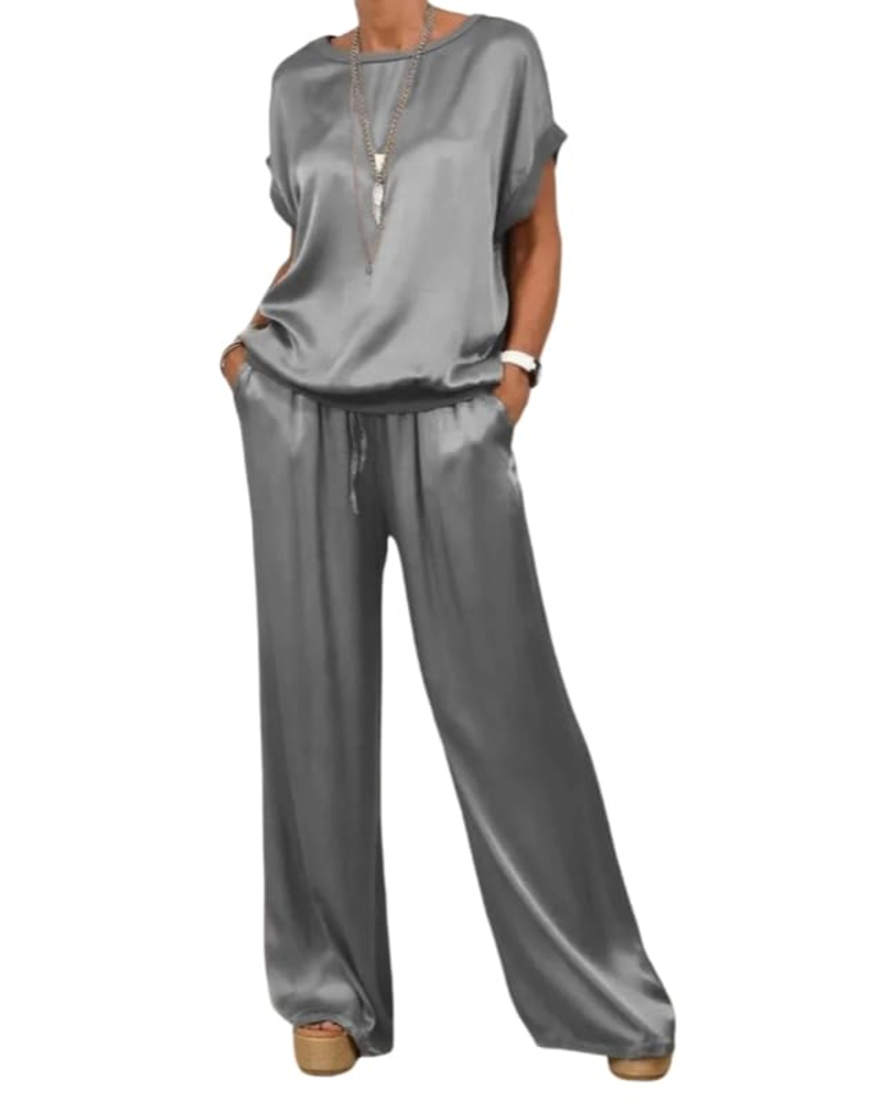 Olivia Ensemble Femme Satin – Top Col Rond & Pantalon Large Taille Élastique