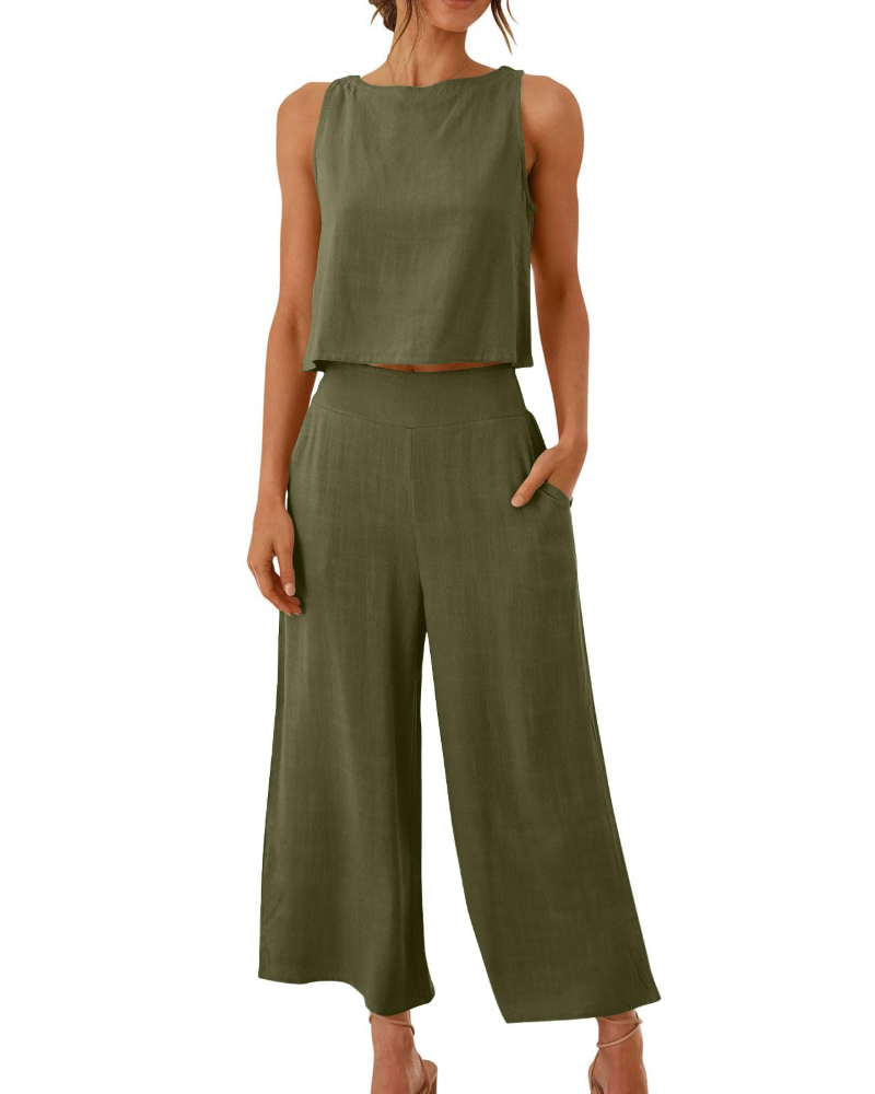 Sophia Ensemble Femme Lin 2 Pièces – T-Shirt & Pantalon Large Confort Été