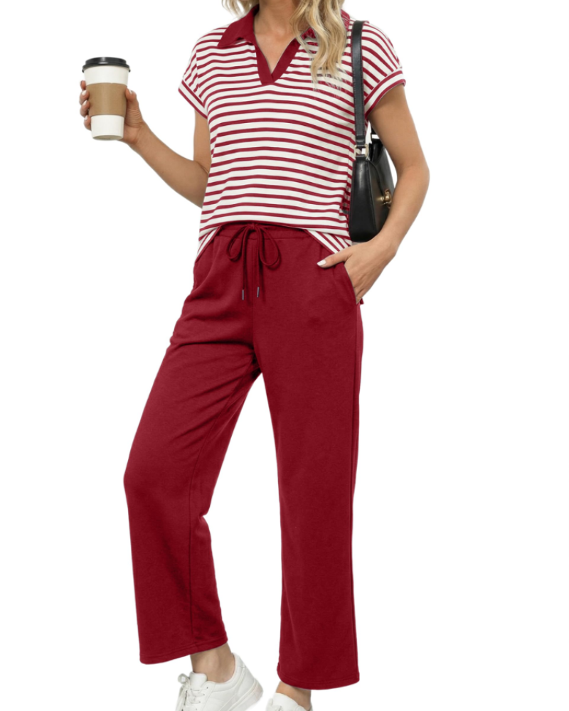 Chloe Ensemble Femme 2 Pièces – Haut Col V & Pantalon Large Confortable pour Voyage