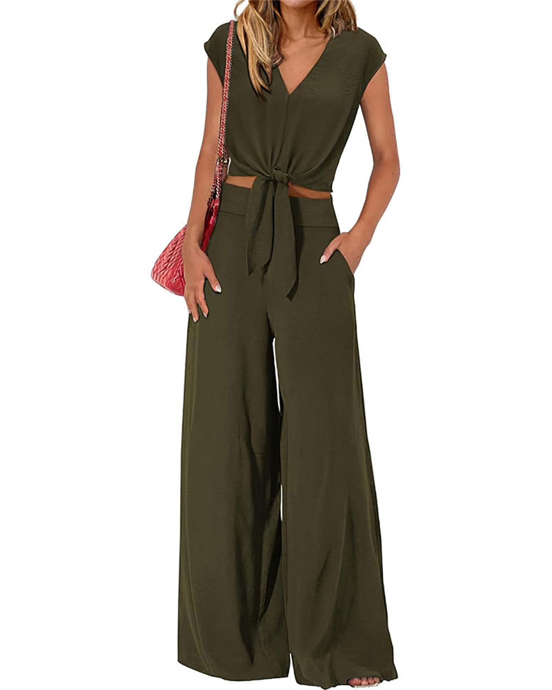 Sienna Damen Sommerensemble – V-Ausschnitt mit Schleife & Weite Hose