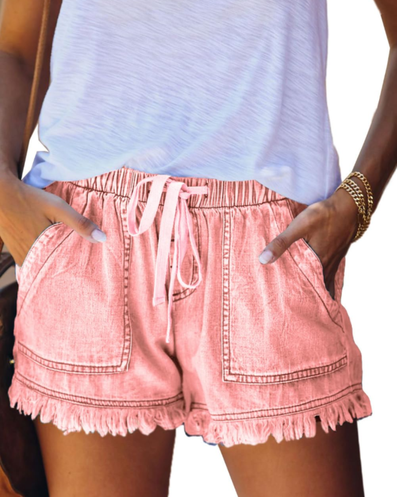 Short Scarlett in Jeans da Donna – Short a Vita Alta Elasticizzato con Coulisse e Orlo Sfilacciato