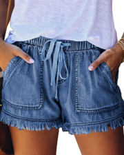 Short Scarlett in Jeans da Donna – Short a Vita Alta Elasticizzato con Coulisse e Orlo Sfilacciato