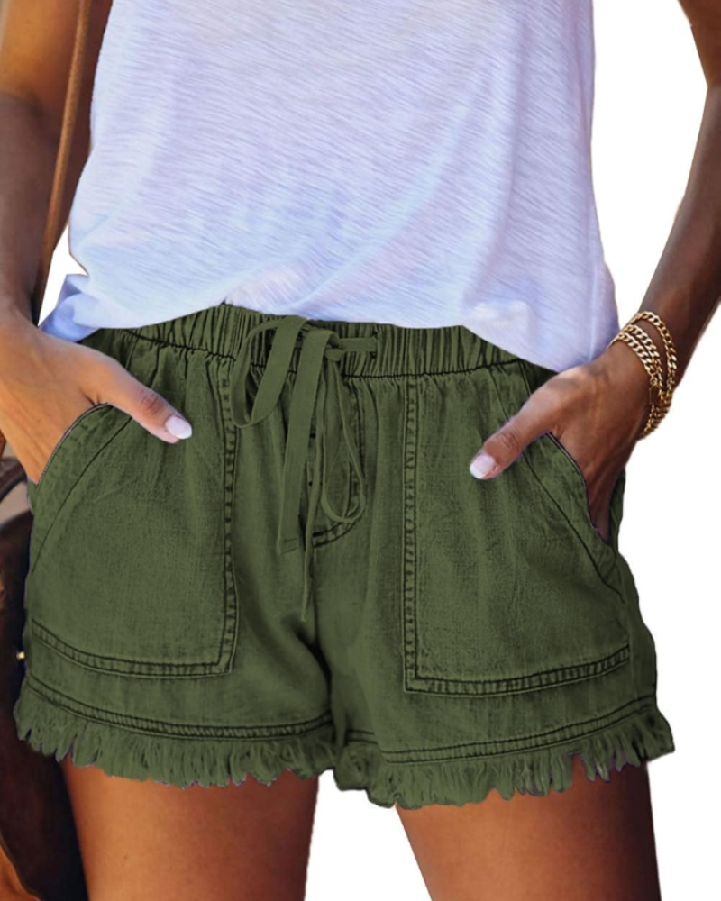 Short Scarlett in Jeans da Donna – Short a Vita Alta Elasticizzato con Coulisse e Orlo Sfilacciato