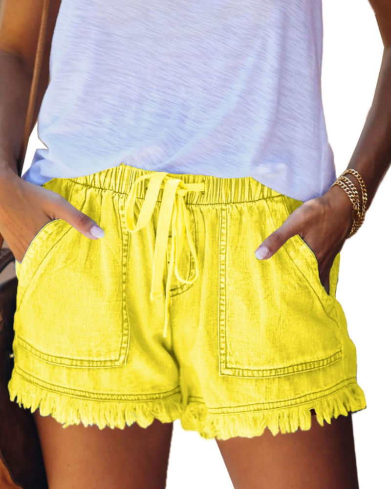 Short Scarlett in Jeans da Donna – Short a Vita Alta Elasticizzato con Coulisse e Orlo Sfilacciato