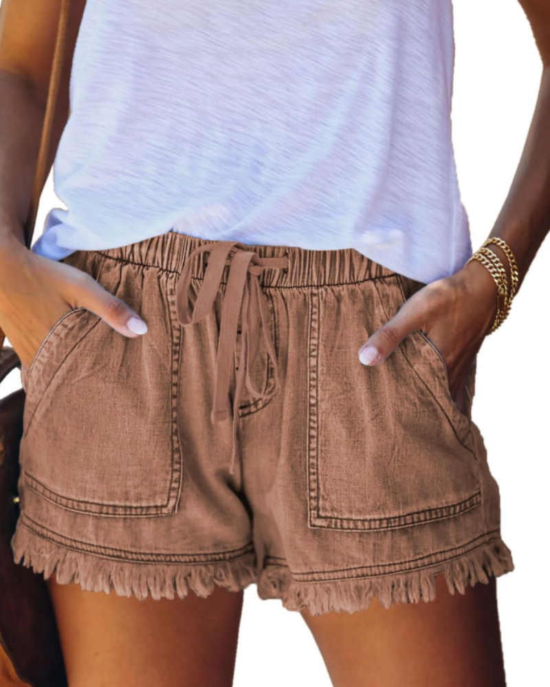 Short Scarlett in Jeans da Donna – Short a Vita Alta Elasticizzato con Coulisse e Orlo Sfilacciato