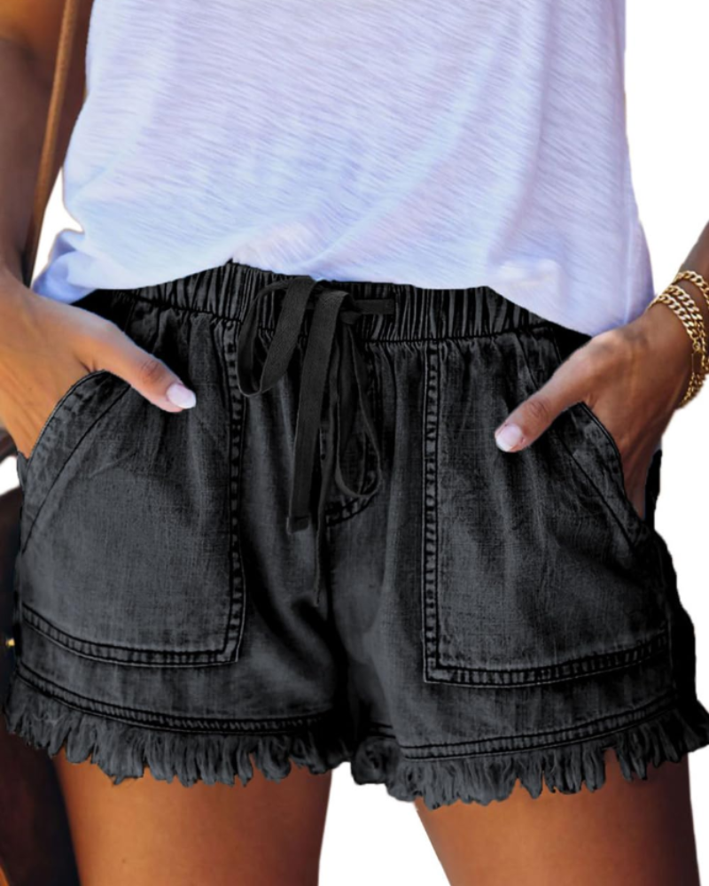 Short Scarlett in Jeans da Donna – Short a Vita Alta Elasticizzato con Coulisse e Orlo Sfilacciato