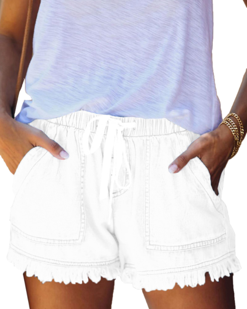 Short Scarlett in Jeans da Donna – Short a Vita Alta Elasticizzato con Coulisse e Orlo Sfilacciato