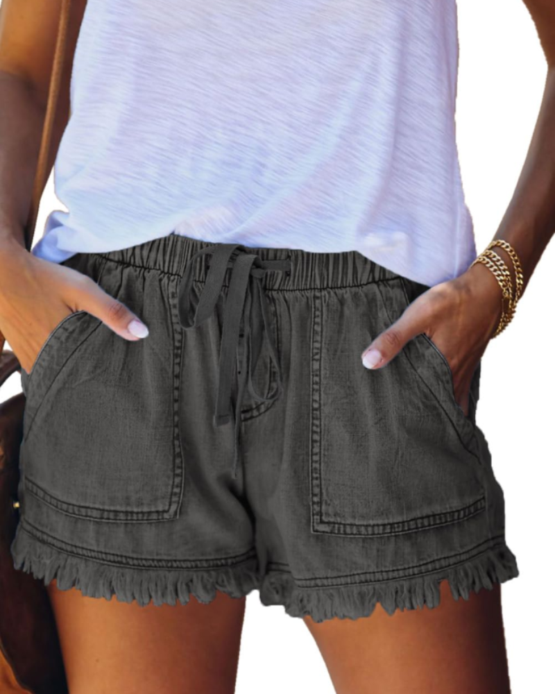 Short Scarlett in Jeans da Donna – Short a Vita Alta Elasticizzato con Coulisse e Orlo Sfilacciato