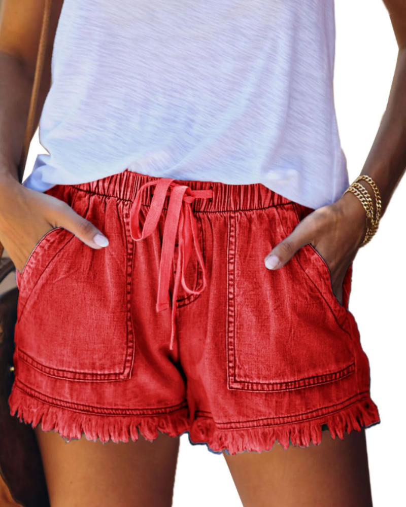 Short Scarlett in Jeans da Donna – Short a Vita Alta Elasticizzato con Coulisse e Orlo Sfilacciato