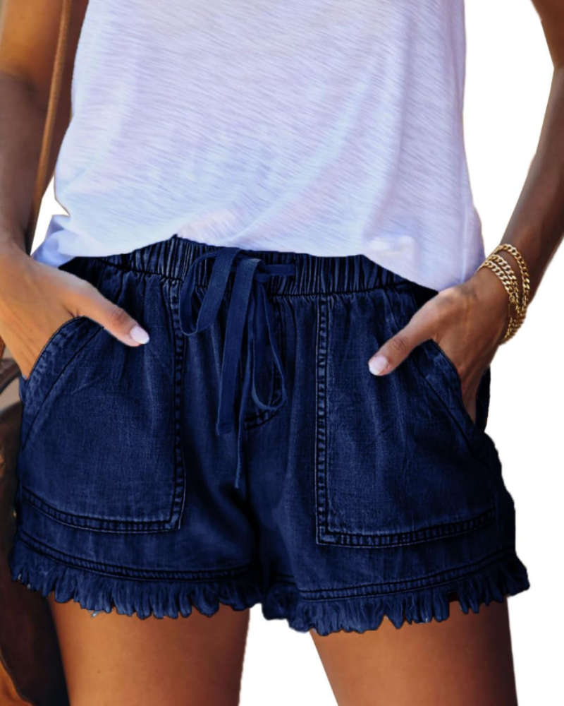 Short Scarlett in Jeans da Donna – Short a Vita Alta Elasticizzato con Coulisse e Orlo Sfilacciato