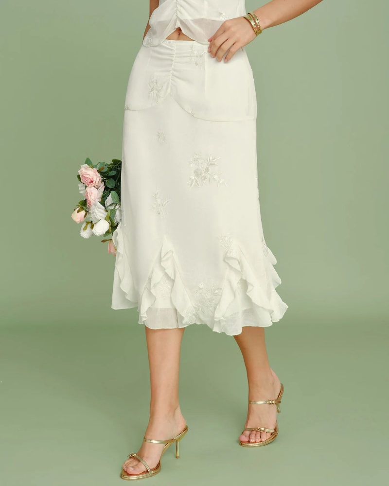 Falda Cambria Jupe Midi para Mujer – Falda Bordada con Volantes, Corte Fluido y Elegante, Color Albaricoque