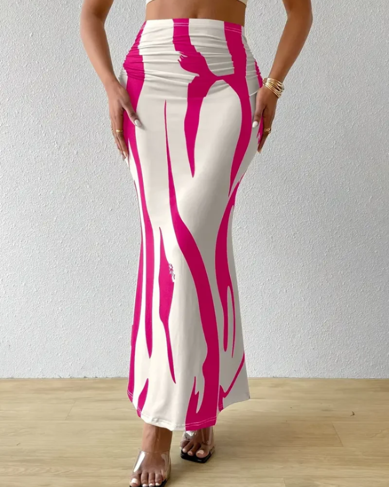 Falda Odette Jupe Maxi para Mujer – Falda Larga de Cintura Alta con Estampado Abstracto y Corte Fluido Elegante