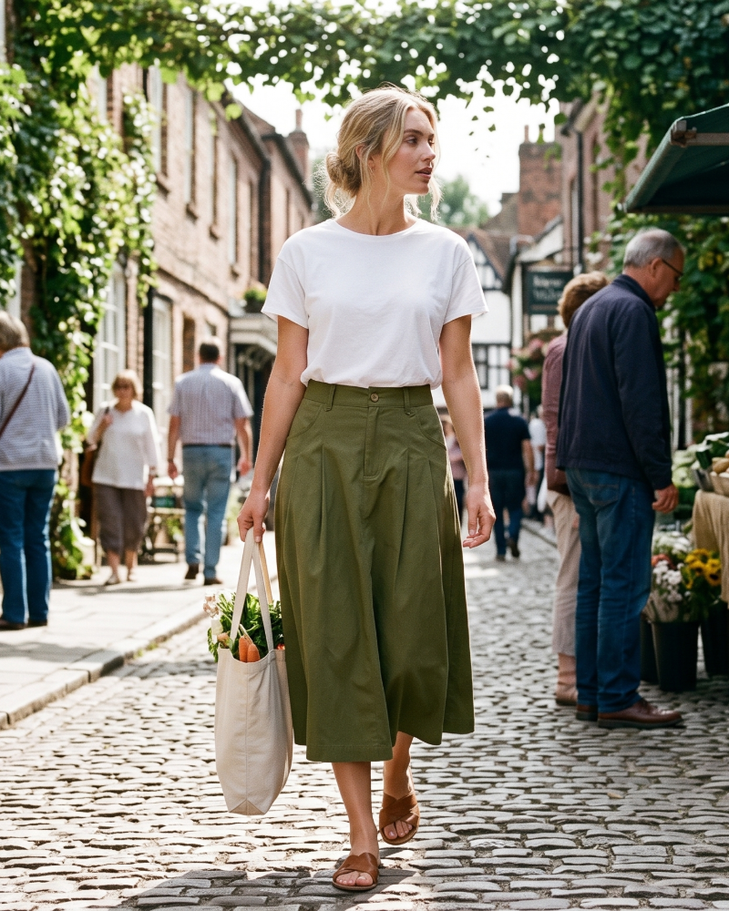 Rowan Jupe Midi Utility pro ženy – Midi sukně s vysokým pasem, zapínáním na knoflíky a kapsami