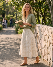 Fustă midi Florence pentru femei – fustă bej brodată, croială fluidă, elegantă și feminină
