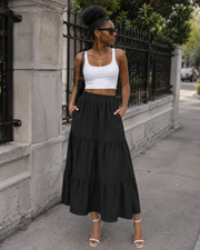 Calista Jupe Longue Femme – Taille Haute Élastique, Plissée, Coupe Évasée & Poches