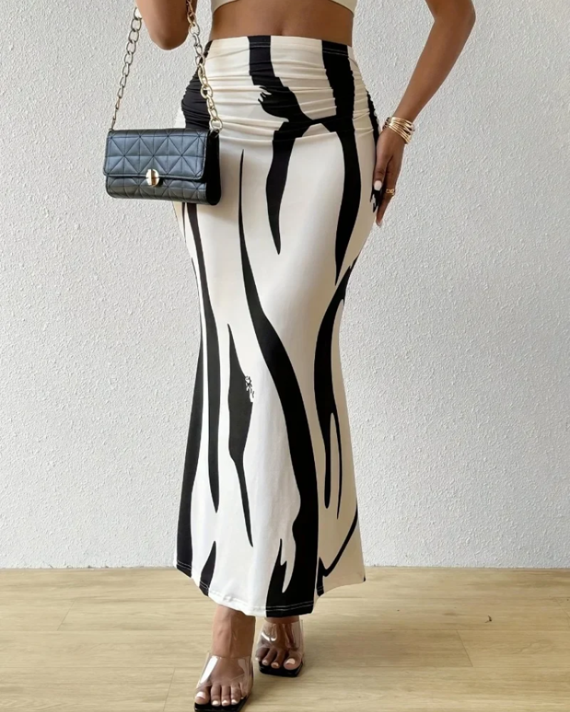 Falda Odette Jupe Maxi para Mujer – Falda Larga de Cintura Alta con Estampado Abstracto y Corte Fluido Elegante