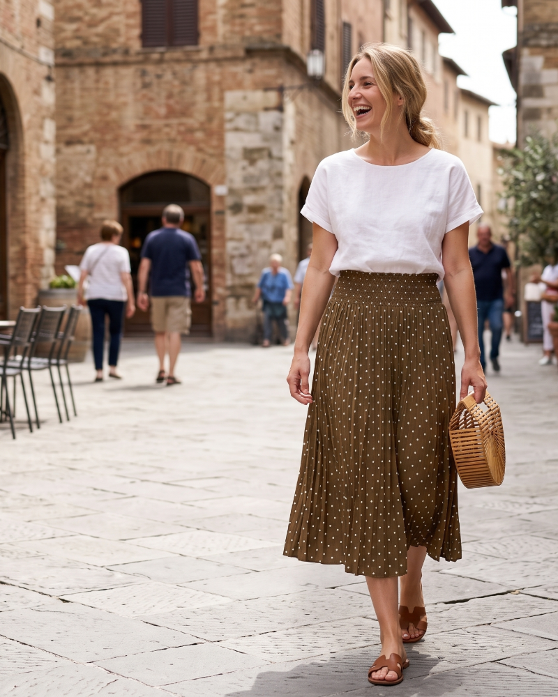 Corinne Jupe Midi Plissée Femme – Jupe à Pois avec Taille Élastique et Poches