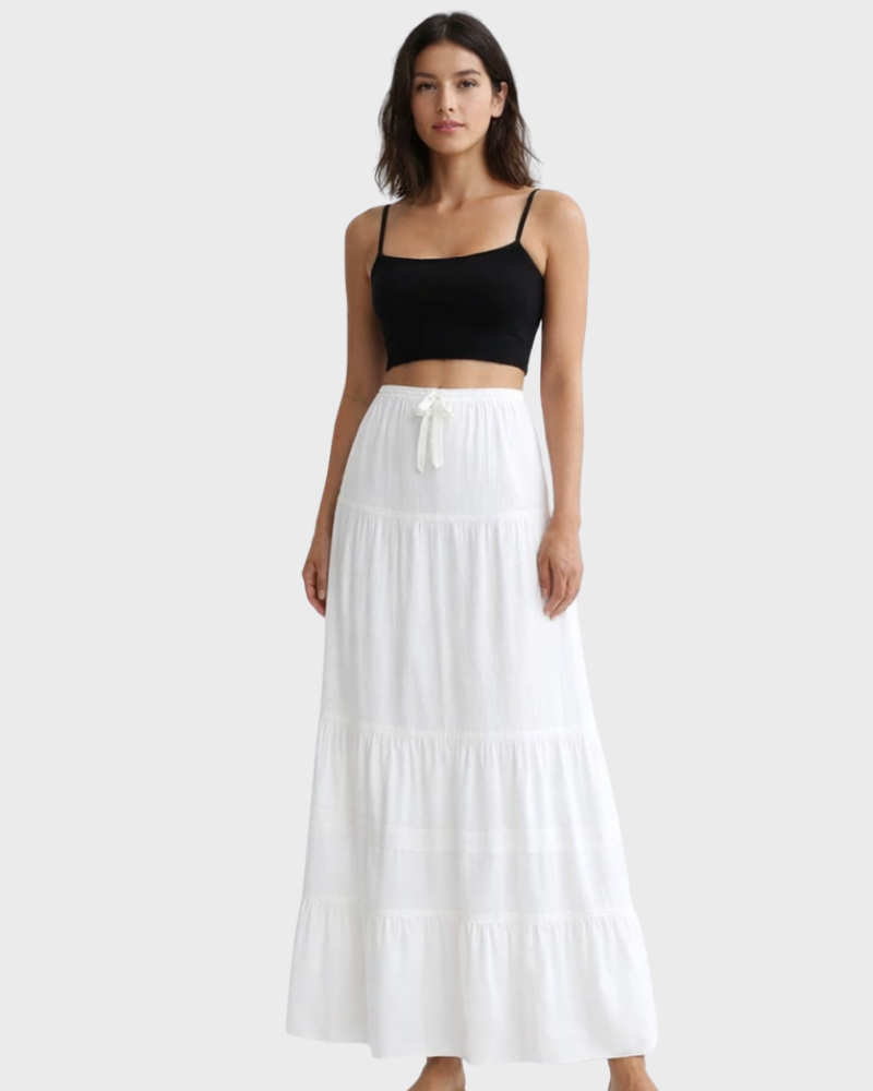 Falda larga Lina para mujer – Blanca, cintura elástica y volantes fluidos maxi