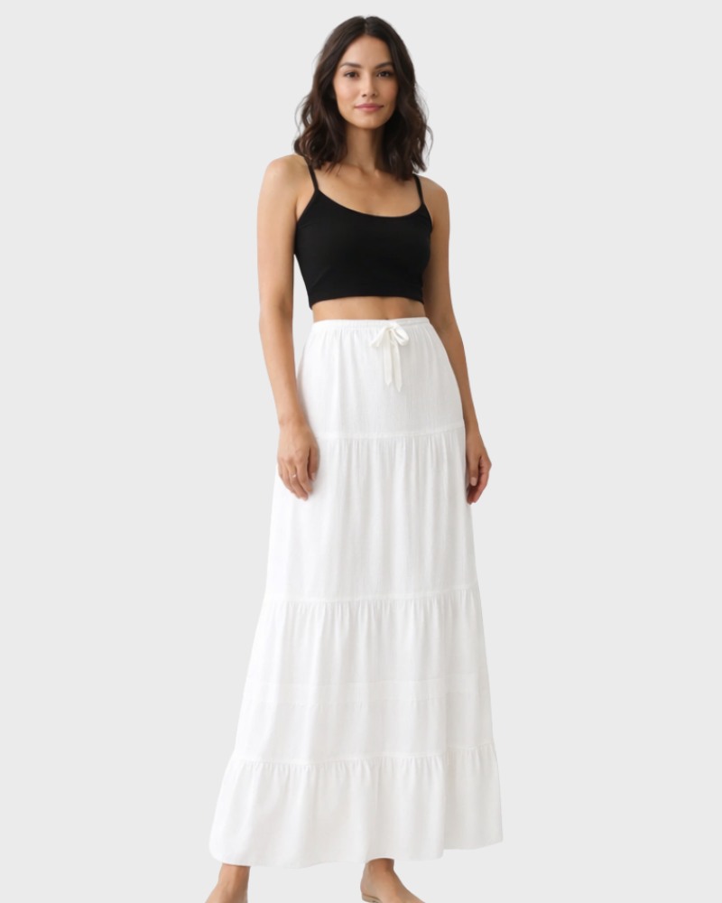 Falda larga Lina para mujer – Blanca, cintura elástica y volantes fluidos maxi