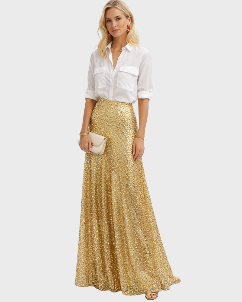 Solen Falda Larga Mujer – Lentejuelas Brillantes, Cintura Alta y Corte Fluido Maxi