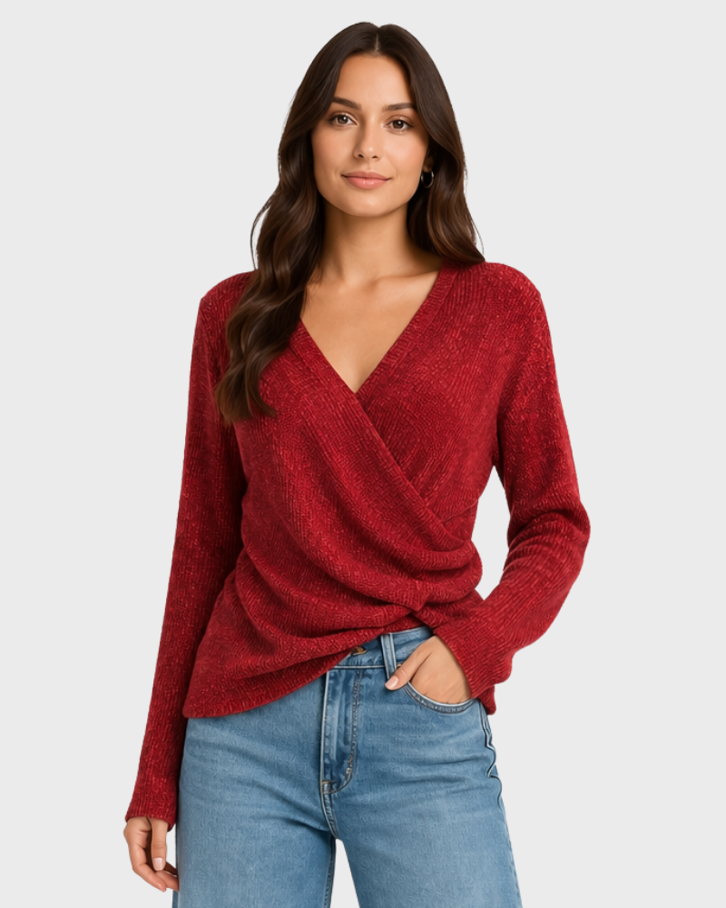Elena Pull Femme – Maille Douce, Col V & Coupe Croisée Élégante