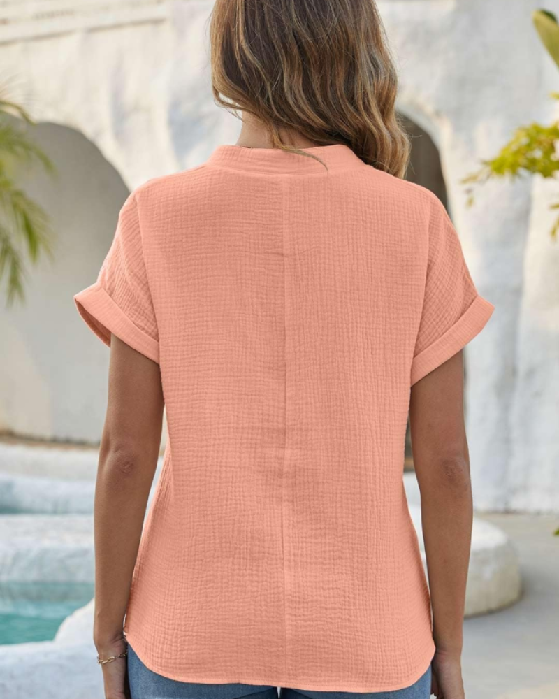 Olivia Blouse Femme Été – Lin Coton Col V Boutonnée Manches Courtes