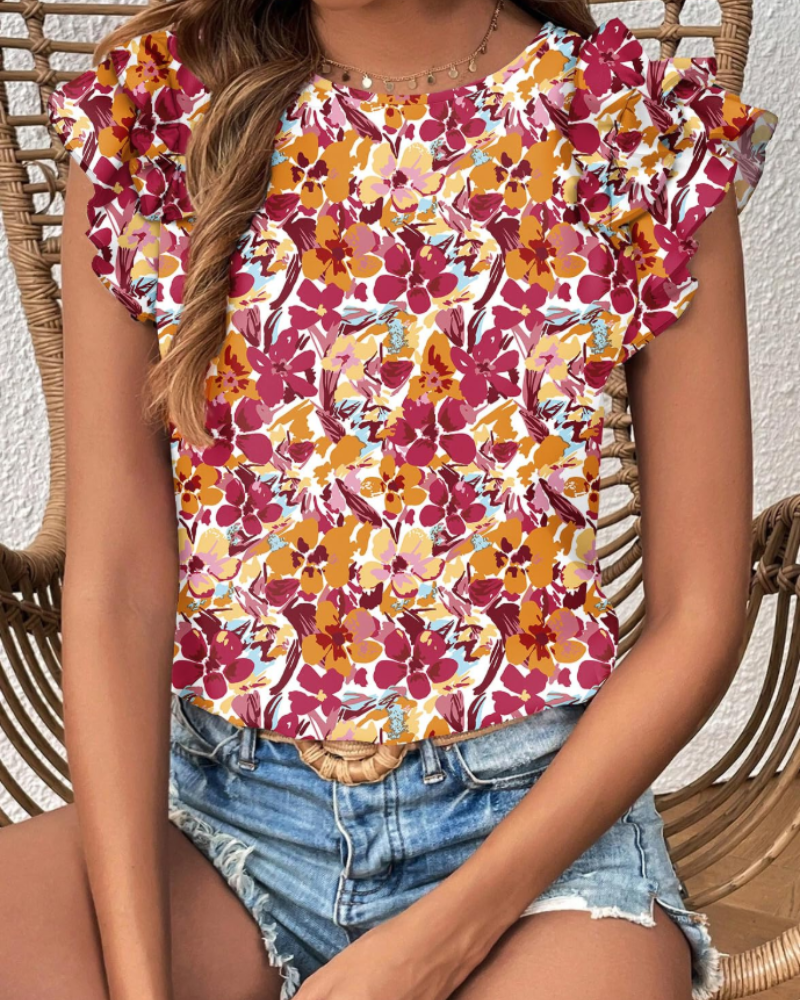 Lily Blouse Femme Bohème – Imprimé Floral Volants Manches Courtes