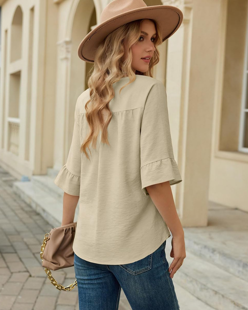 Luna Blouse Femme Été – Col V Volants Manches 3/4 Fluide