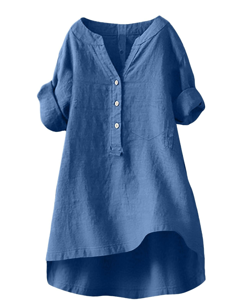 Esla Blouse Femme Été – Lin Coton Col V Boutonnée Grande Taille